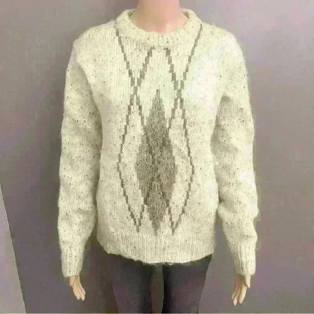 Vintage Mohair Wool blend Crew Neck Relaxed Fit Beige Sweater Jumper.